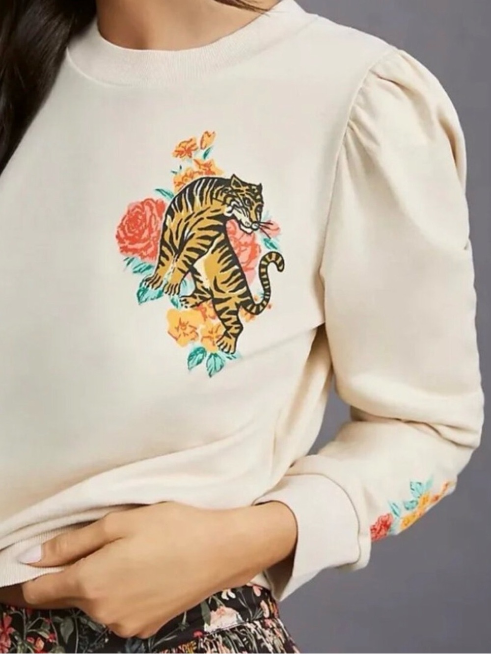 Anthropologie Cream Embroidered Tiger Sweatshirt with Puff Sleeves